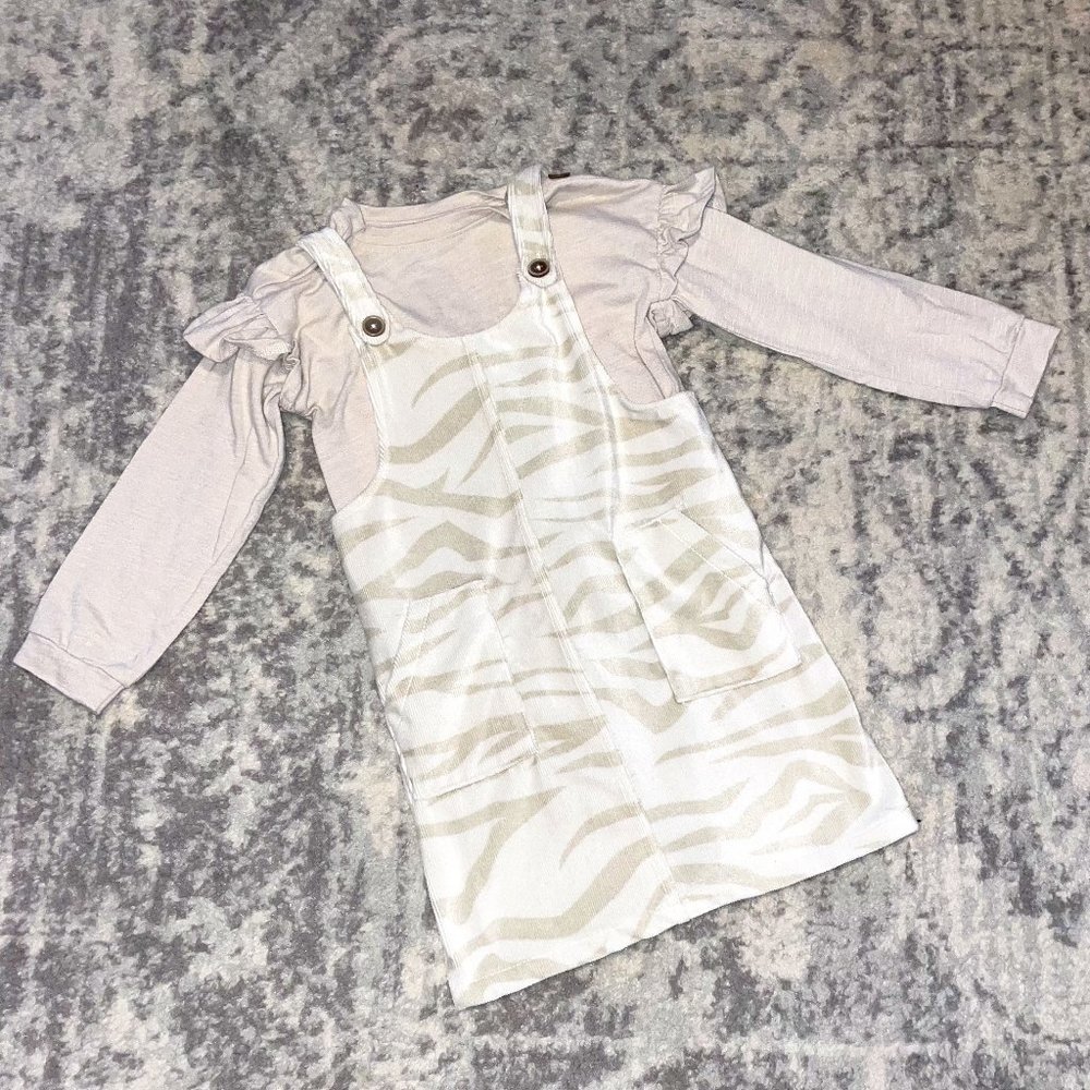Girls Cream Zebra Pinafore Dress & Blush Long-Sleeve Top Set